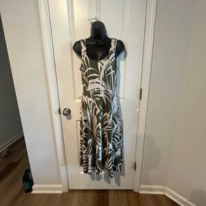 Alfani Olive and White Palm-Print Sleeveless Midi Dress